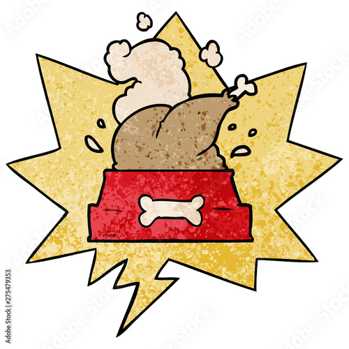 cartoon whole cooked turkey crammed into a dog bowl for a happy christmas pup and speech bubble in retro texture style