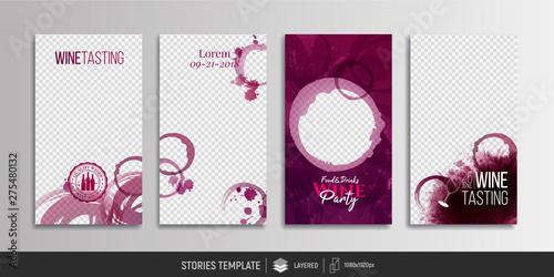 Editable templates for social media stories. Post, story. Red wine stains to combine with your photos.