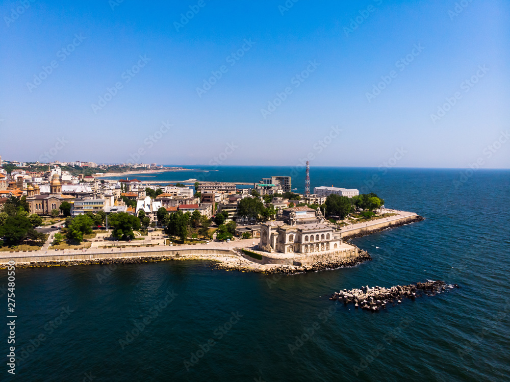 Fototapeta premium Aerial view of old Casino building in Constanta by the black sea. This building is a most reprezentativ symbol of town.