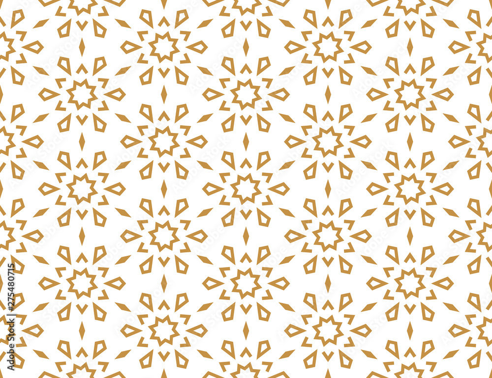 Abstract geometric pattern with lines, snowflakes. A seamless vector background. White and gold texture. Graphic modern pattern