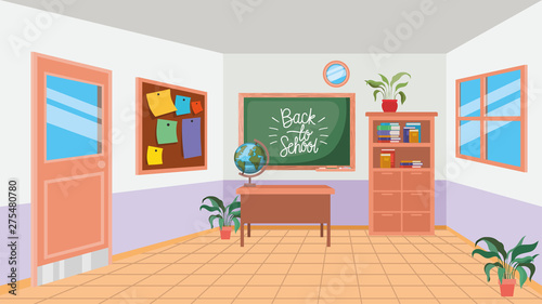 classroom school with chalkboard scene
