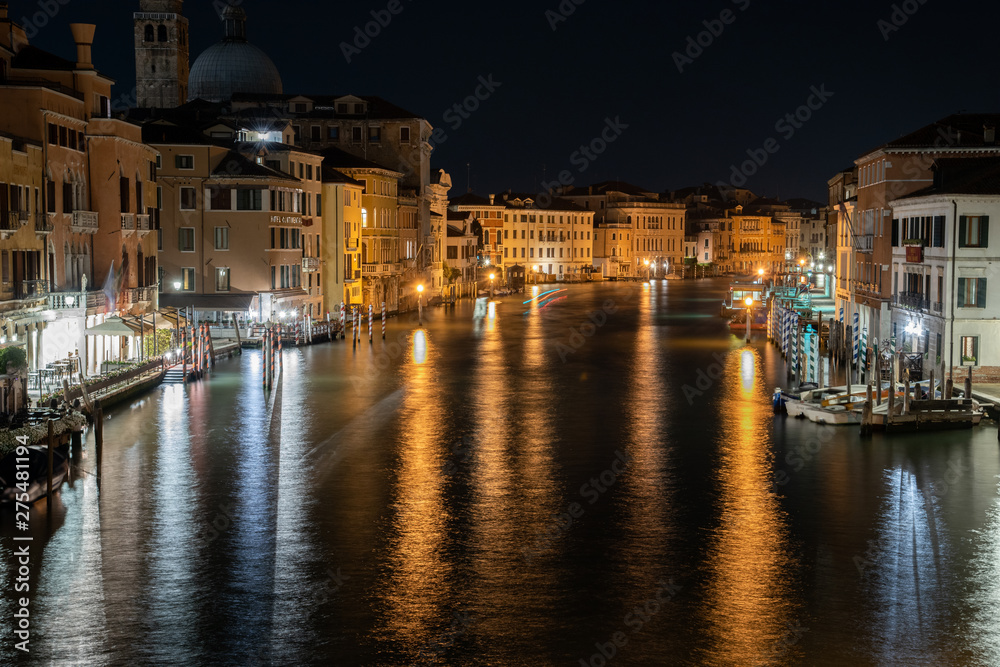 Night photo from the Rialto bridge in Venice, Italy. Overview of the 