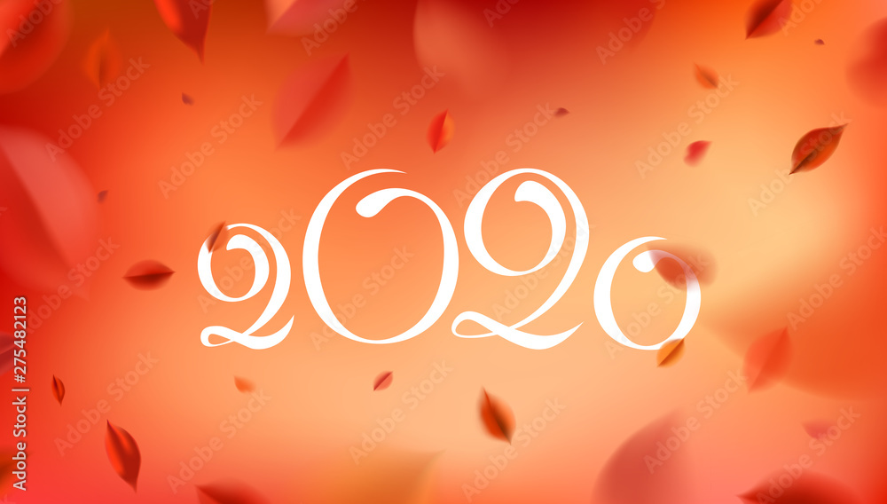 Fototapeta premium Autumn fall abstract studio background with red leaves and 2019 text vector design elements