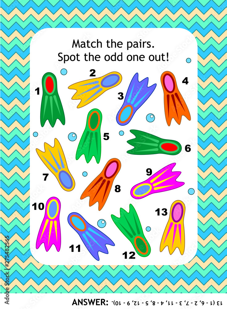 Visual puzzle with colorful scuba diving flippers (suitable both for kids and adults) Match the