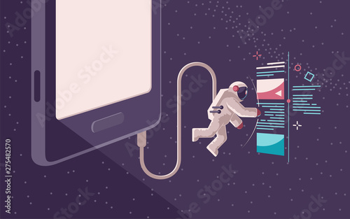 Astronaut in a spacesuit is connected to a smartphone and surfs in the space Internet