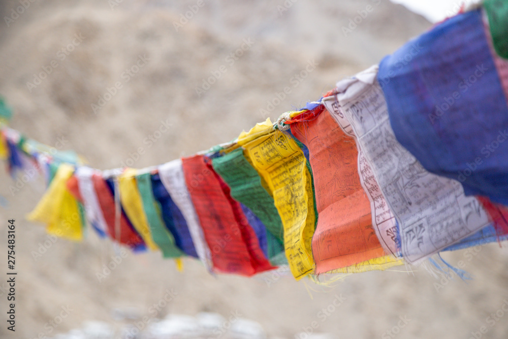 Buddhist Tibetan prayer flag colorful flag different in five color  different meaning, Leh Ladakh, India on background of Himalaya mountain.  Stock Photo | Adobe Stock