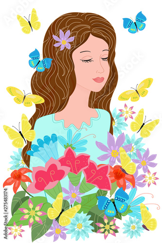 dreaming girl in flowers with flying butterflies around