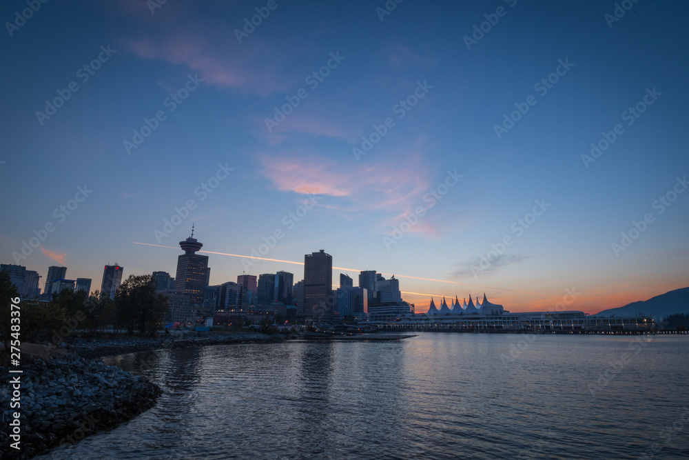 Sunset over skyline of Downtown Vancouver.