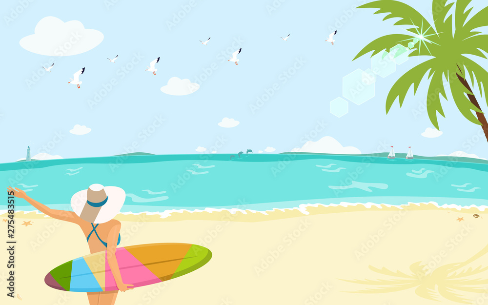 Beautiful surfer girl on the beach at sunshine day. Flat design vector illustration.