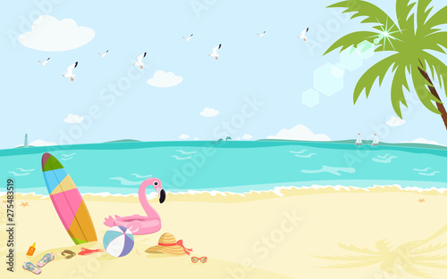 Sunny seascape with sand, palm tree, seagulls, sailings, sea animals and girly summer items. Flat design vector illustration. © Nairat