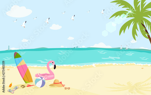 Sunny seascape with sand, palm tree, seagulls, sailings, sea animals and girly summer items. Flat design vector illustration.