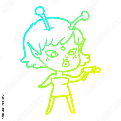cold gradient line drawing pretty cartoon alien girl