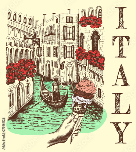 Vector illustration of sketch hand drawn view Venice in vintage style. Retro Italy, Venezia architecture, Italia, gondola, ice cream, gelato,. Advertising poster, banner,  landmark, engraved postmark.
