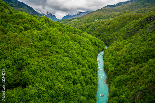 Fotografie Montenegro, Turquoise waters of tara river flowing through majestic green tara c