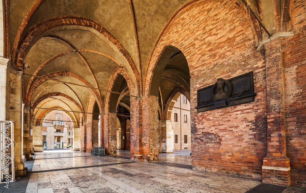 Arcade of Palazzo Comunale (Gothic palace) in the center of Piacenza