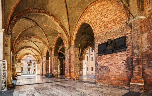 Arcade of Palazzo Comunale (Gothic palace) in the center of Piacenza