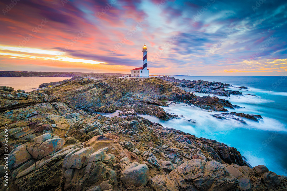 Favaritx Lighthouse in Minorca, Spain. - obrazy, fototapety, plakaty 