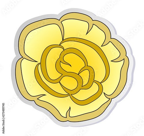 Vector illustration, sticker of yellow terry Impatiens flower in flat cartoon style isolated on white background