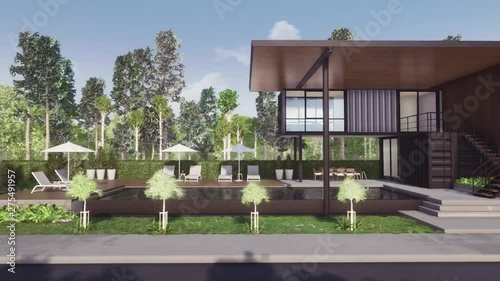 Sliding shot of container house with swimming pool #2 : 3D render
