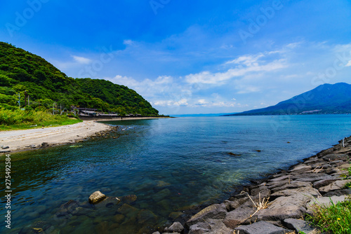 landscape of Senganen gate and Sakurajima in Kagoshima Japan