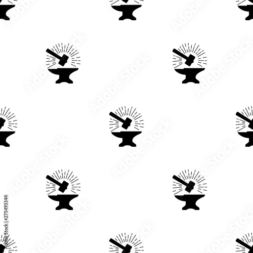 Seamless pattern with silhouette icons of hammer and anvil. Blacksmith, repair. Vector illustration for design, web, wrapping paper, fabric, wallpaper.