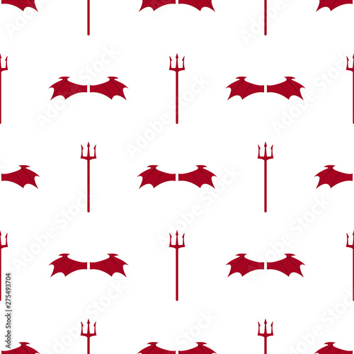 Seamless pattern with red devil wings and tridents on white background. Vector illustration for design, web, wrapping paper, fabric, wallpaper.