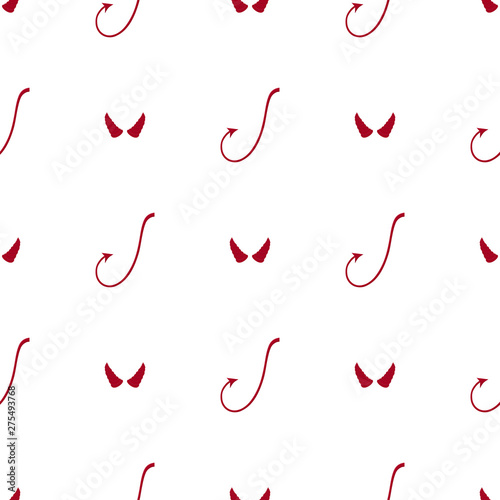 Seamless pattern with red devil tails and horns on white background. Cartoon style. Vector illustration for design, web, wrapping paper, fabric, wallpaper.