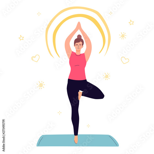 Girl practicing yoga - colorful flat design style illustration