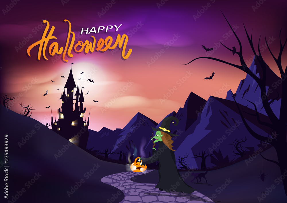 Happy Halloween, poster invitation greeting card, witch and cat walk to castle, fantasy concept horror story pink pastel background vector illustration