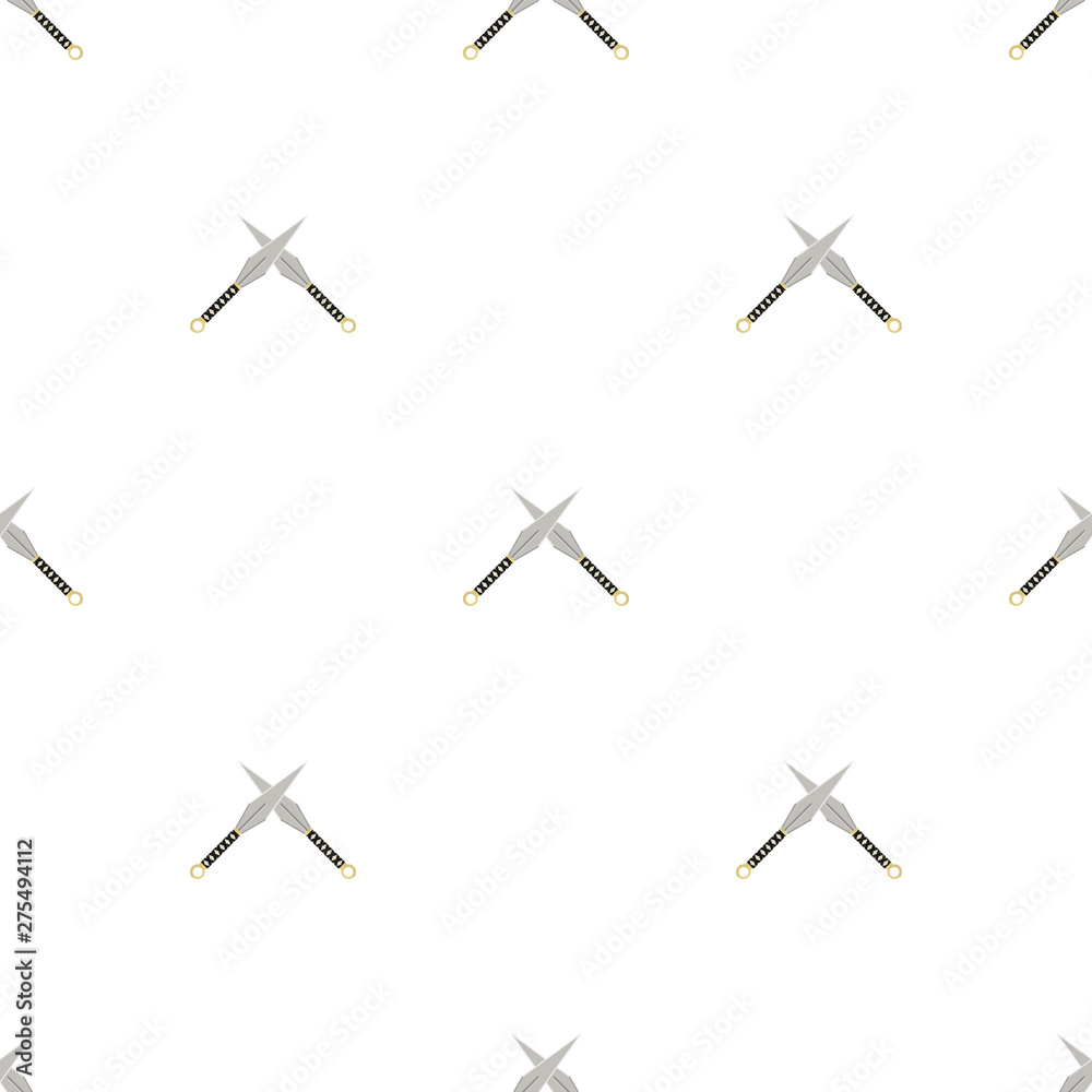 Seamless pattern with crossed kunai throwing knives icon. Ninja weapon. Samurai equipment. Cartoon style. Vector illustration for design, web, wrapping paper, fabric, wallpaper. Seamless pattern with crossed kunai throwing knives icon. Ninja weapon. Samurai equipment. Cartoon style. Vector illustration for design, web, wrapping paper, fabric, wallpaper.
