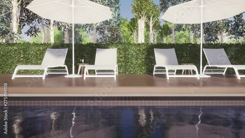 Sliding shot of sunbeds near the swimming Pool. 3D render