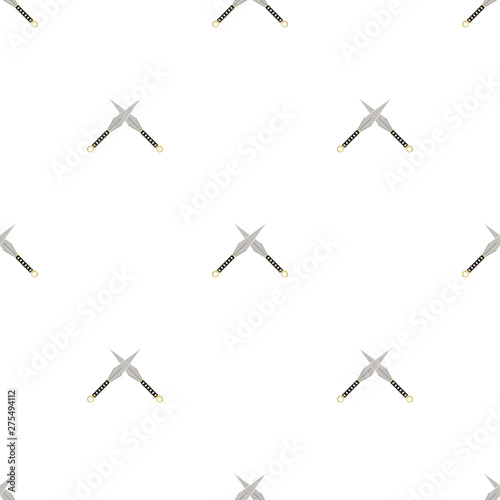 Seamless pattern with crossed kunai throwing knives icon. Ninja weapon. Samurai equipment. Cartoon style. Vector illustration for design, web, wrapping paper, fabric, wallpaper.