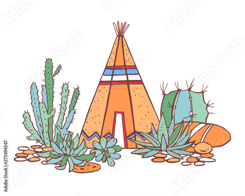 Native American indians traditional wigwam, succulents and cactuses. Vector hand drawn color outline doodle sketch illustration