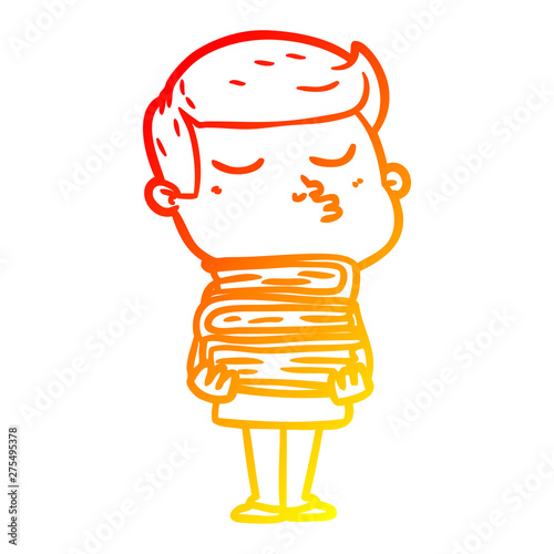 warm gradient line drawing cartoon model guy pouting holding books