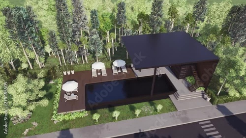 Aerial view of container house with swimming pool. 3D render