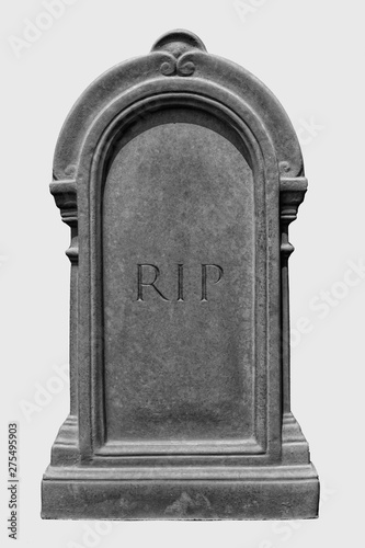 Decorated, oval granite tombstone on white background with engraved R.I.P. lettering 