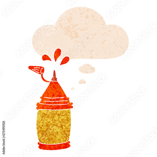 cartoon ketchup bottle and thought bubble in retro textured style