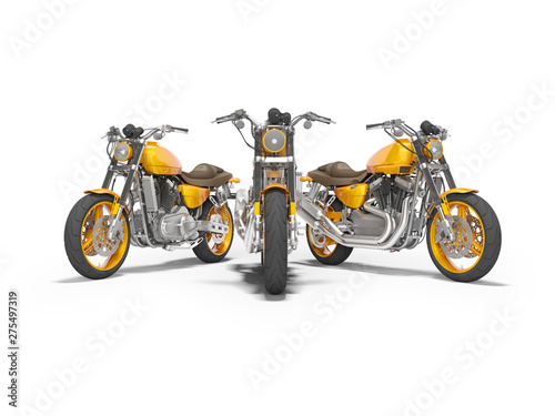 Group of orange motorcycles front view 3d render on white background with shadow
