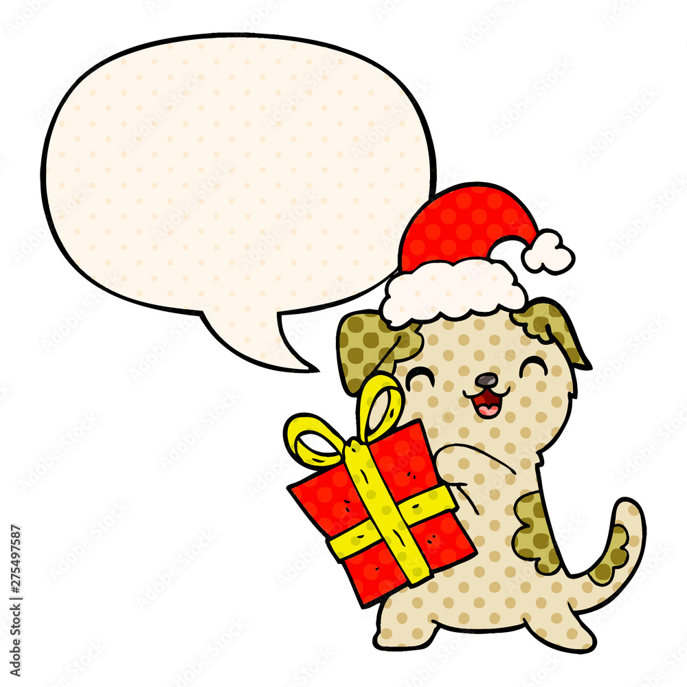 Obraz premium cute cartoon puppy and christmas present and hat and speech bubble in comic book style