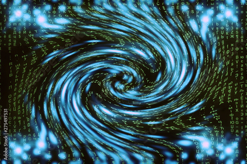 Blue green matrix digital background. Distorted cyberspace concept. Green characters fall down in wormhole. Hacked matrix. Virtual reality design. Complex algorithm data hacking. Cyan digital sparks.