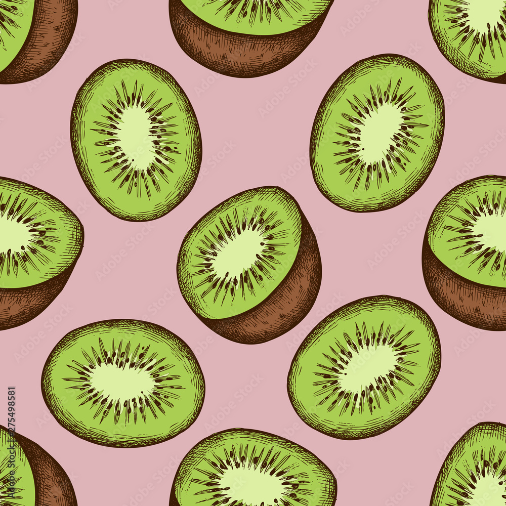 Fototapeta premium Seamless pattern with hand drawn colored kiwi
