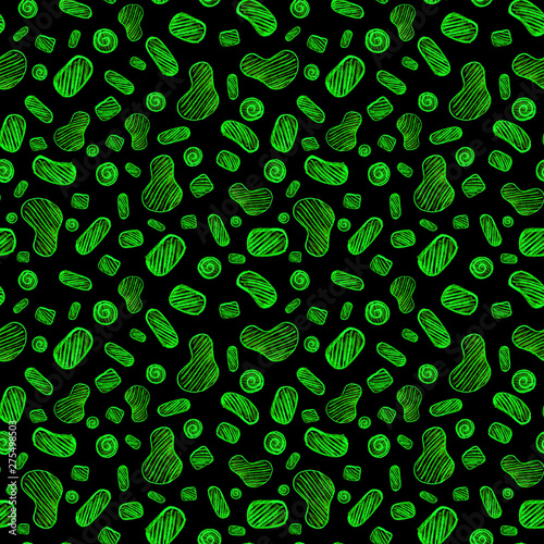 Funny pencil elements. green circles and beans on a black background. Hatching with pencils. Funny microbes
