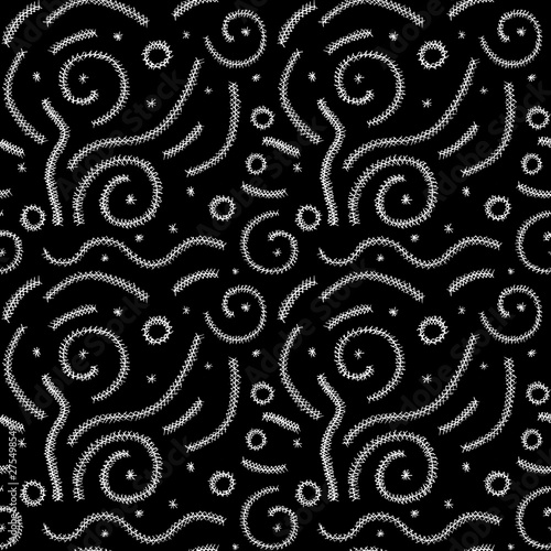 Seamles black and white ink swirls pattern. Funny black curls and stripes. Retro black and white texture