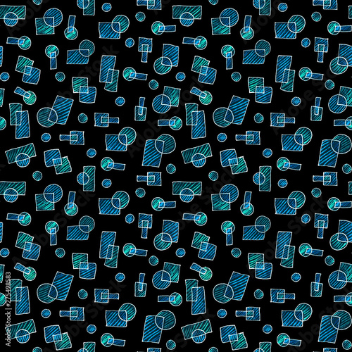 Black background with blue geometric objects.  Seamless drawing with pencils.  Shaded elements. Squares and circles in a chaotic order