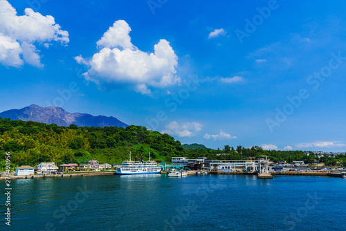 landscape of Sakurajima island port and Kagoshima bay in Kagoshima Japan 