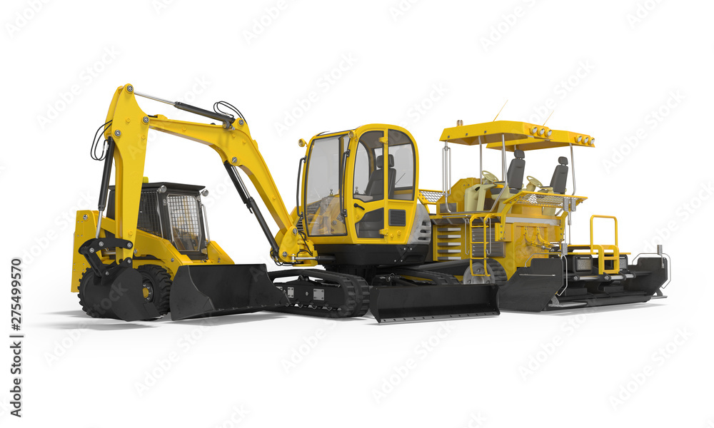 Yellow group of heavy machinery excavator mini paver loader 3d illustration on white background with shadow
