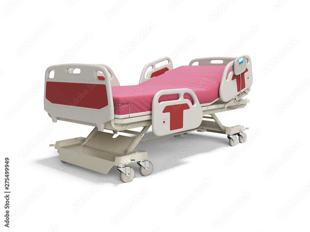 Concept red hospital bed semi automatic isolated 3d render on white background with shadow Concept red hospital bed semi automatic isolated 3d render on white background with shadow