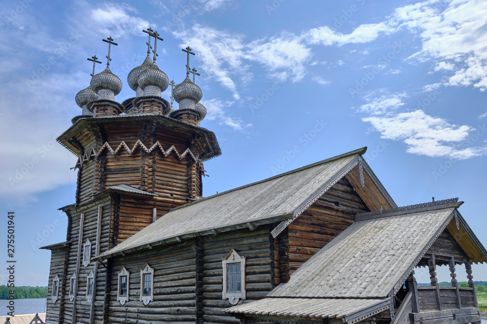 Scenic view of wooden orthodox church of  Transfiguration of the Lord on Kizhi island on Onezhsky lake in Russian Federation. Beautiful summer look of traditional temple of russian North in Karelia