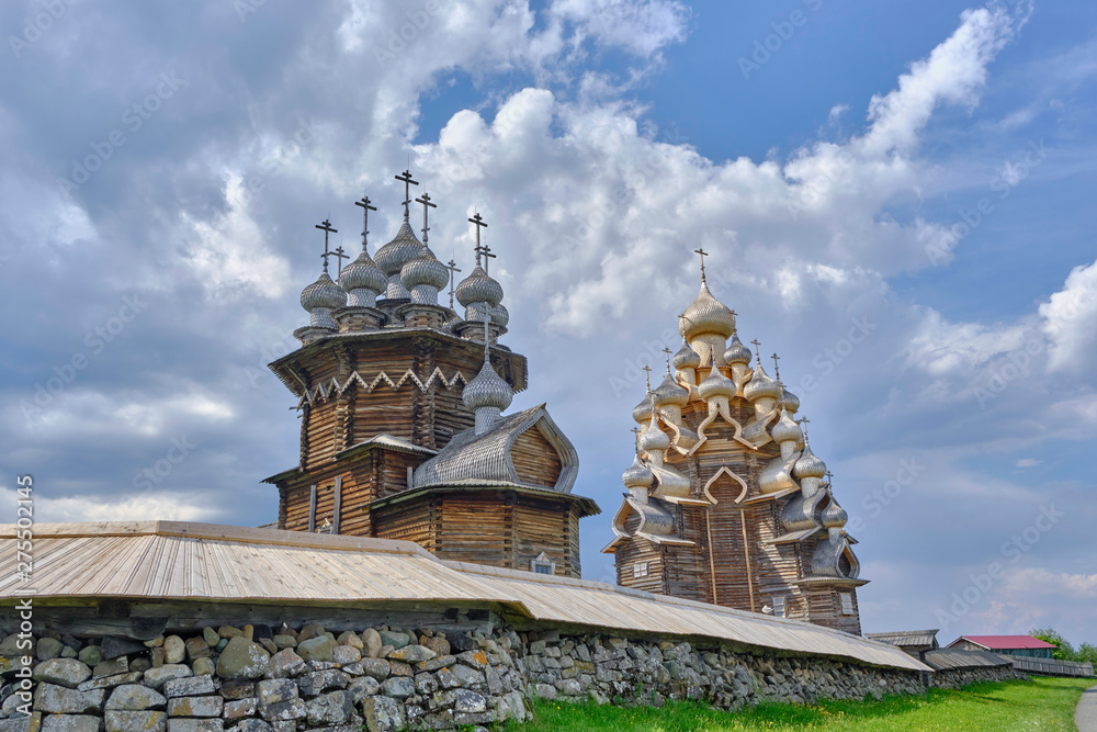Scenic view of wooden orthodox church of  Transfiguration of the Lord on Kizhi island on Onezhsky lake in Russian Federation. Beautiful summer look of traditional temple of russian North in Karelia