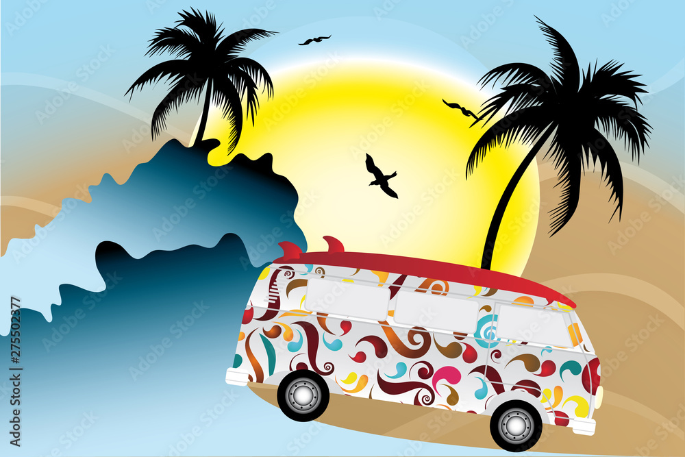 summer beach background with surfer van